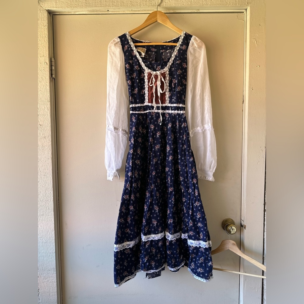 1970s Gunne Sax Blue Calico Velvet Midi Dress